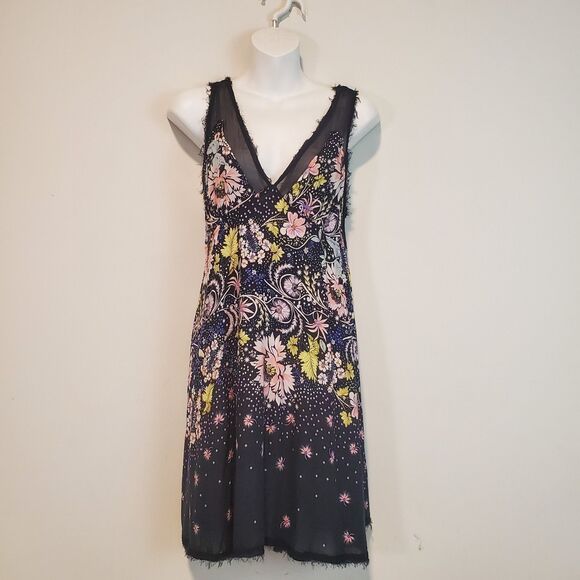 Free People Intimately Dress Medium Black Floral Longwood Slip Fairy Whimsy Boho - Picture 2 of 15